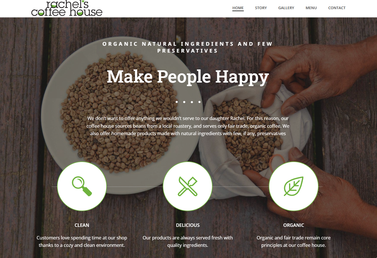 See this example of coffee shop marketing with Rachel's Coffee House website