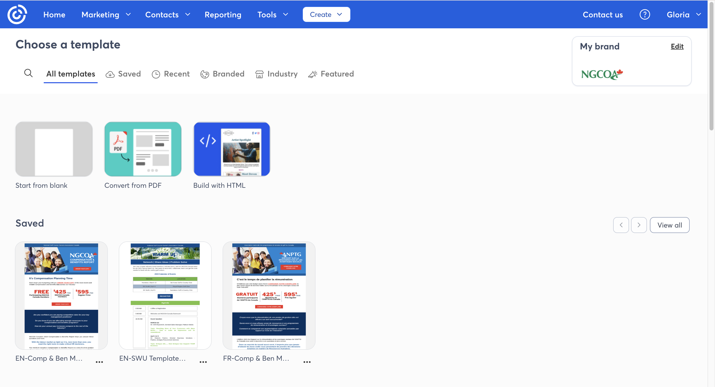 An example of email templates in Constant Contact.