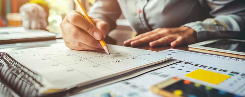 How to start an event planning business Blog header Female hands working with schedule and discussing how to promote content