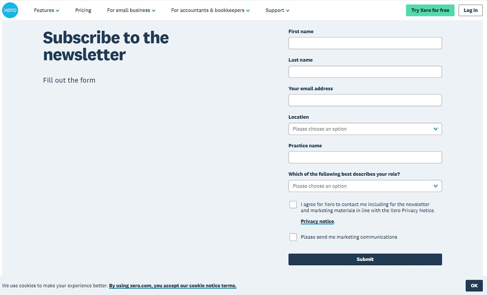 Accounting brand Xero newsletter signup