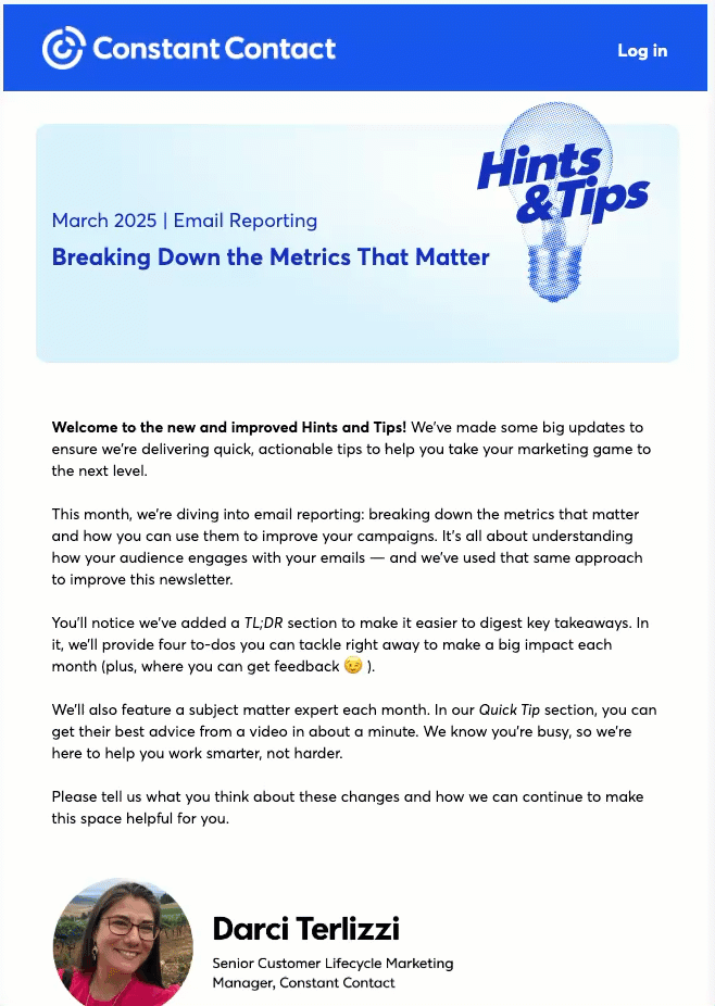 This image is a GIF that shows the Constant Contact Hints & Tips newsletter. It also shows an example of a YouTube Short in an email newsletter.