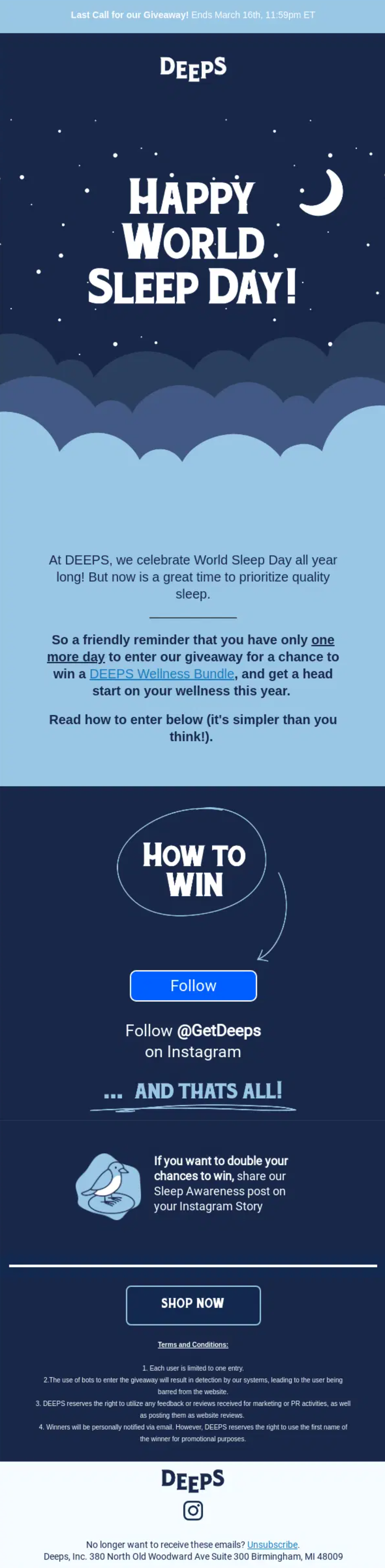 A screenshot of DEEP's last-minute email with details about their World Sleep Day giveaway and a button to follow @GetDeeps on Instagram to enter