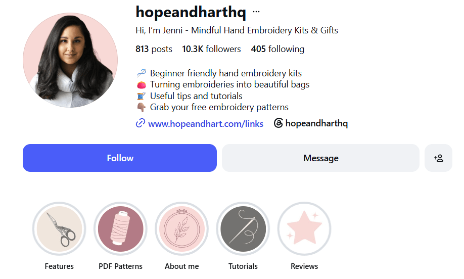Hope and Hart's profile displaying bio details, buttons to follow the account and send a message, story highlights, and a link to their website.