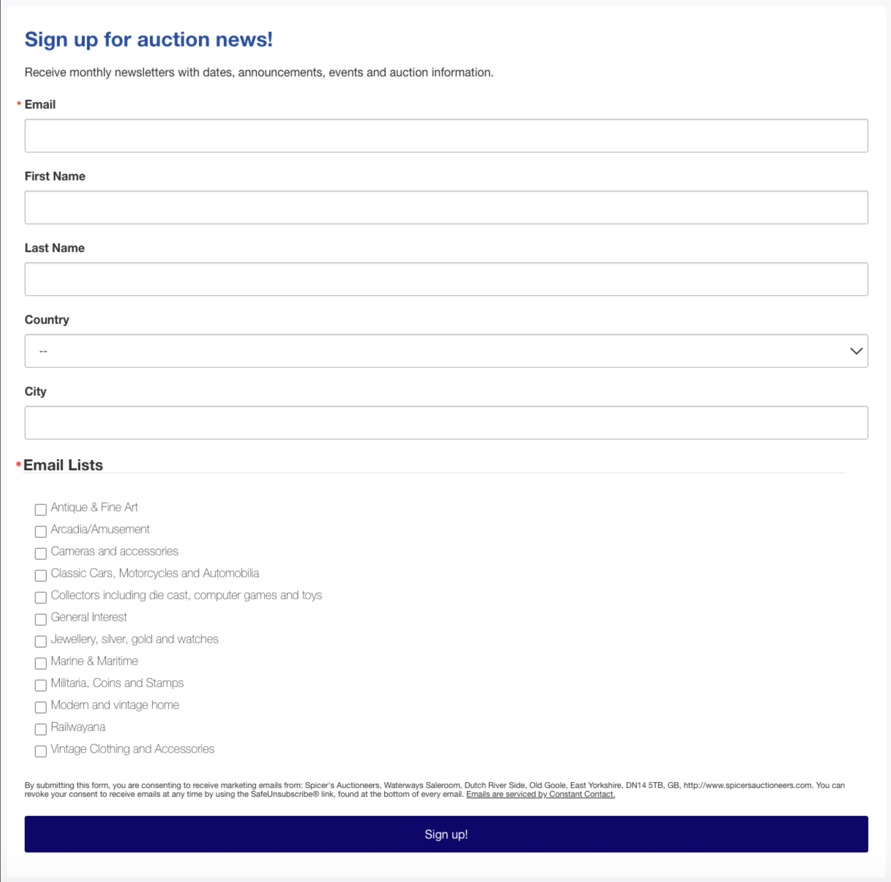 This image shows Spicer's Auctioneer's sign-form requesting the email address, name, and location ,and provides subscribers the opportunity to check what categories interest them.