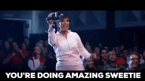 The image shows a GIF of Kris Jenner dancing with the text "You're doing amazing, sweetie" to encourage readers to try trendy social media content for their small businesses.