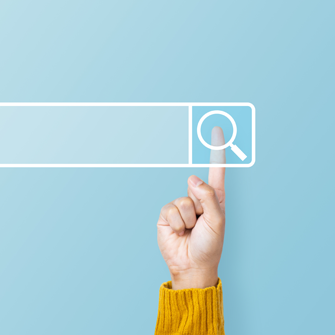 A finger tapping on a search icon against a blue background.