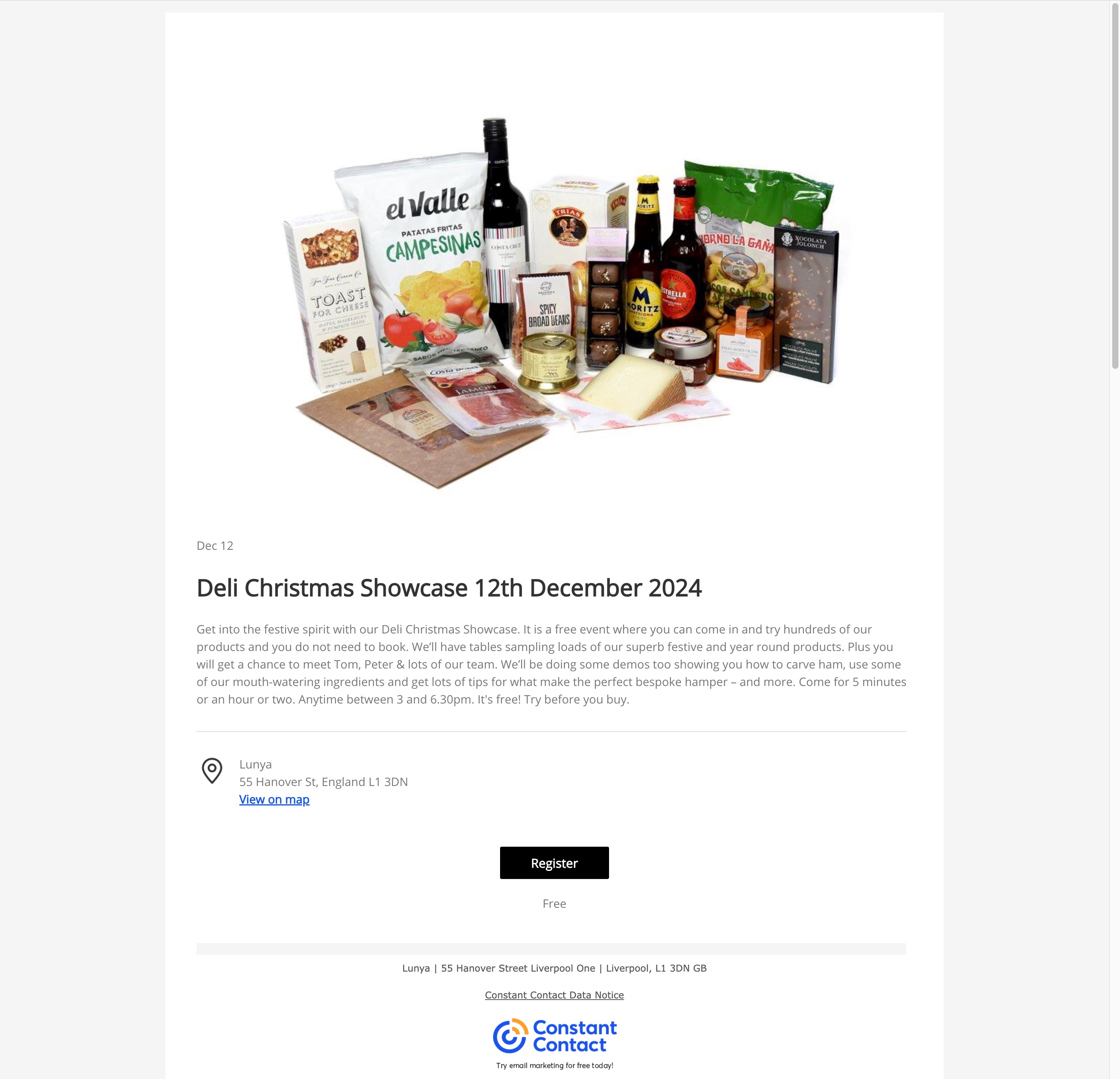 Lunya used Constant Contact's events feature for their free 2024 Deli Christmas Showcase registrations.
