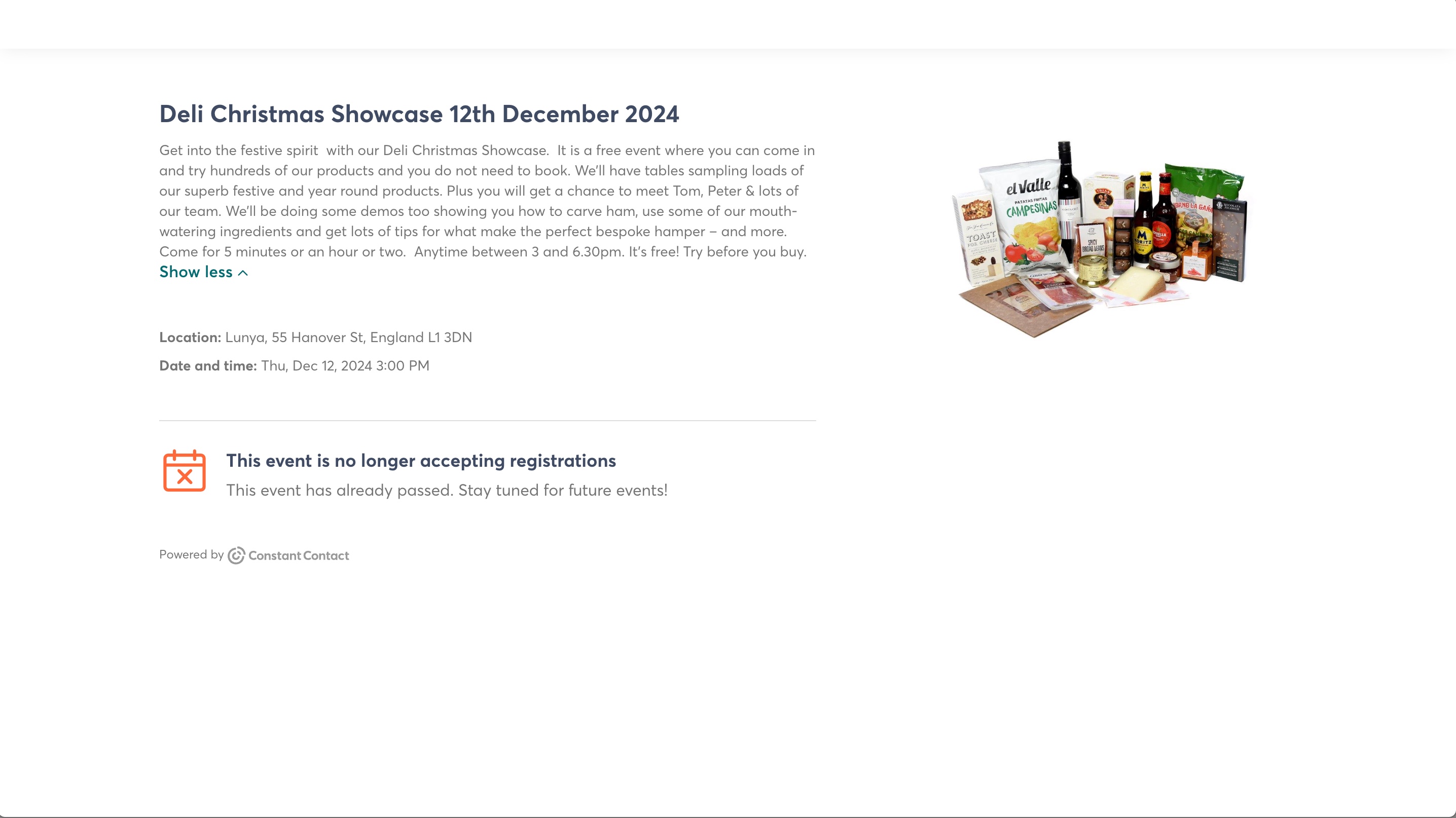 This is an example of Lunya using Constant Contact's events feature for their 2024 Deli Christmas Showcase.