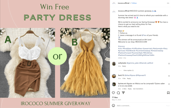 Irococo Instagram post advertising a summer dress giveaway.