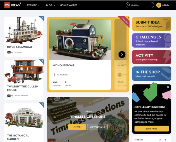 LEGO Ideas submissions page showcasing past creations and the submission process.