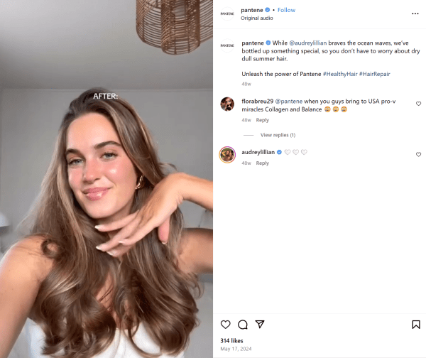 Pantene shares a before and after Instagram video from an influencer partner.