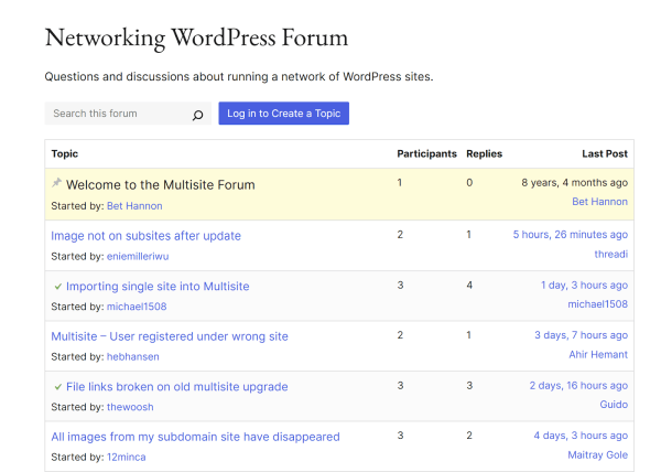WordPress's networking forum for user-submitted questions.