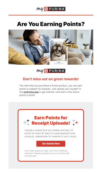 Email from Purina reminding users to upload receipts to earn myPurina rewards.