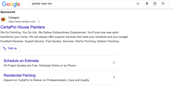 A sponsored Google search with multiple conversion link CTAs.