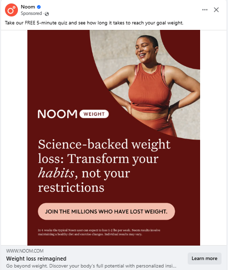 Photo Facebook advertisement for Noom featuring a woman in athletic wear.
