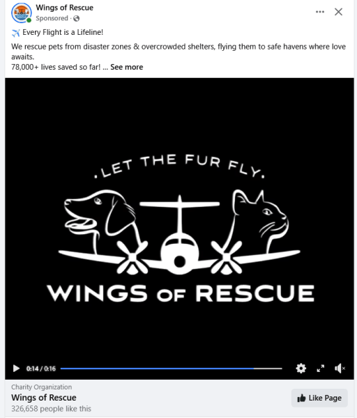 Still from a Facebook advertisement video for Wings of Rescue showcasing the business logo.