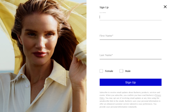 Burberry email marketing sign-up form with content and frequency details.