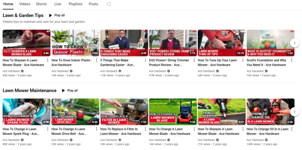 Ace Hardware's content marketing YouTube campaign featuring topic-based playlists.