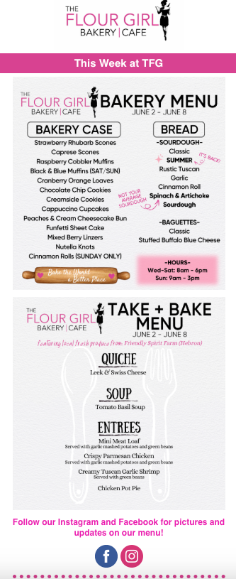 The Flour Girl bakery menu newsletter