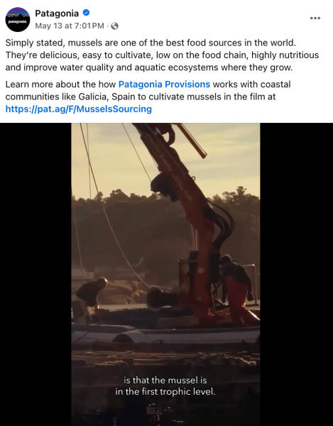 A Patagonia Facebook post about their work to cultivate the mussel population in Spain, reinforcing their brand reputation.