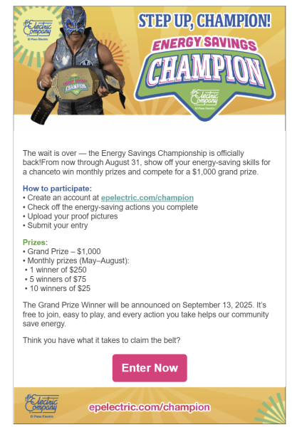 An email from El Paso Electric challenging readers to track energy savings for prizes.