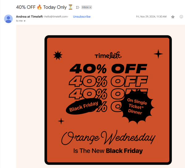 A Timeleft promotional email using a creative emoji combination in the subject line.