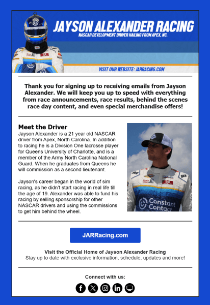 Jayson Alexander Racing&rsquo;s welcome introduces the driver and previews race updates, behind-the-scenes content, and merchandise offers. 