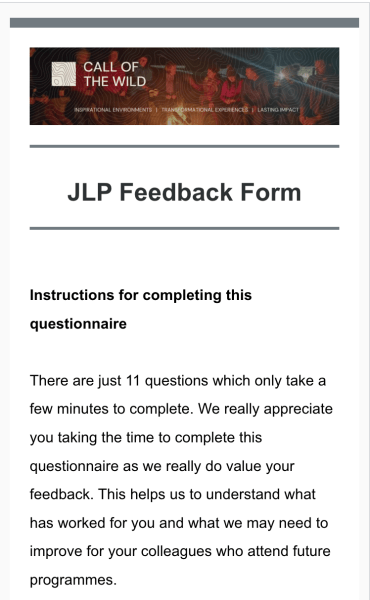 Screenshot of Call of the Wild’s JLP Feedback Form showing instructions for completing an 11-question survey used to collect participant feedback.
