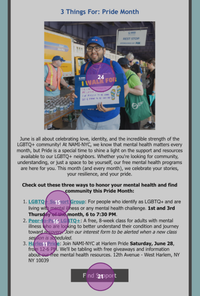 Screenshot of a NAMI-NYC email campaign titled “3 Things For: Pride Month,” with a heat map overlay highlighting where readers clicked. The image includes a photo from a NAMIWalks event and a list of LGBTQ+ mental health resources and events.