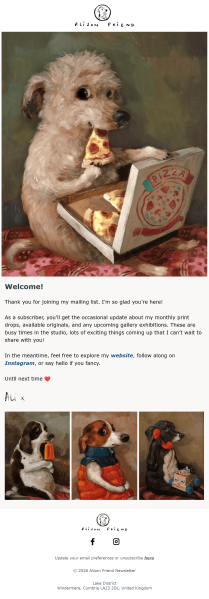 Alison Friend pairs her playful animal portraits with a personal thank-you and an invitation to say hello. 