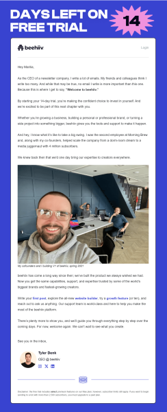 beehiiv&rsquo;s founder-led welcome combines an early team photo, the company&rsquo;s backstory, and links to help trial users get started. 