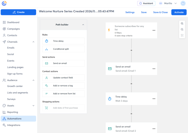 Constant Contact&rsquo;s automation path builder lets you connect a signup trigger, welcome emails, and time delays to create your series. 