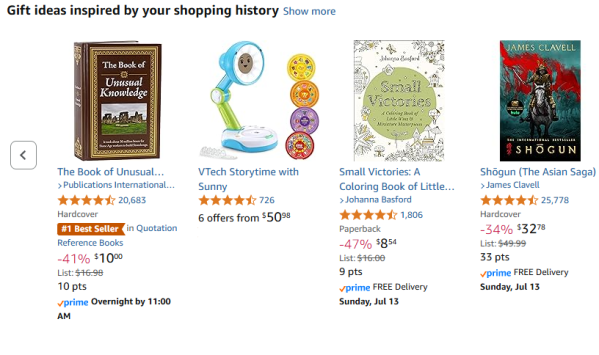 Personalized product recommendations from Amazon using context marketing and past purchases.