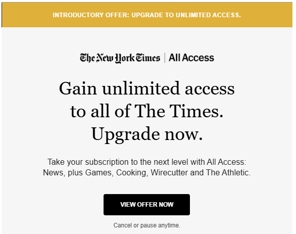 An offer to upgrade a New York Times subscription highlighting bonus features a user may be interested in.
