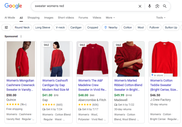 Sponsored Google results that use context marketing and past searches to promote products.