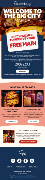 Frankie & Benny&rsquo;s welcome email invites subscribers to book a table with a free main offer when another full-price main is purchased. 