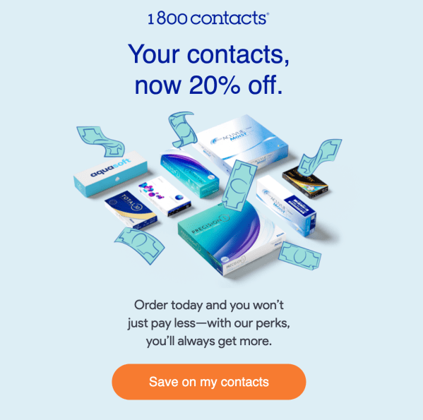 A re-engagement email from 1-800-Contacts featuring a product graphic and a discount for extra savings.