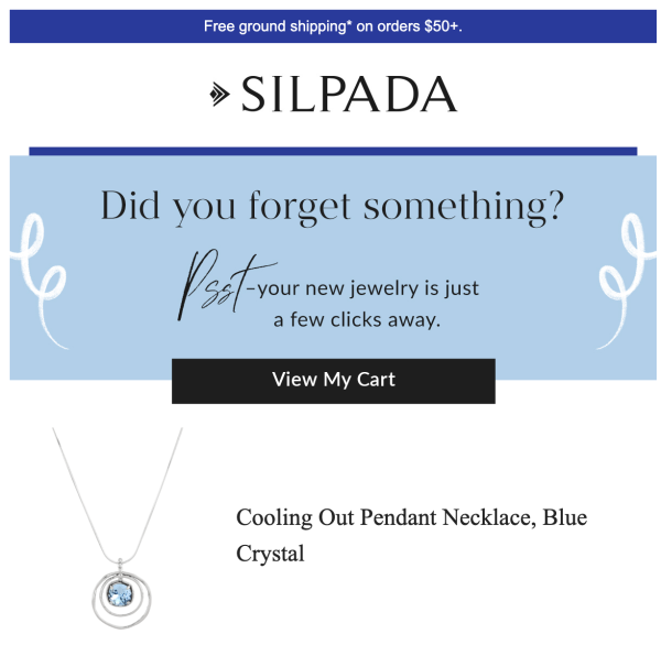 An abandoned cart email from Silpada featuring an image of a crystal necklace and advertising a free shipping deal.
