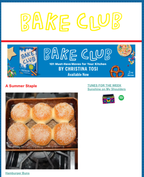 Bake Club email newsletter featuring a recipe for hamburger buns