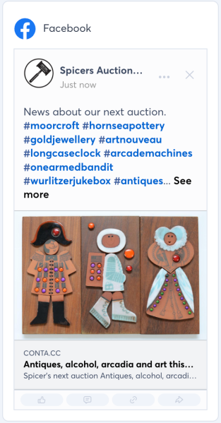 Screenshot of a Spicer&rsquo;s Auctioneers Facebook post announcing their next auction, showing hashtags for featured items and a photo of three colorful wooden plaques.