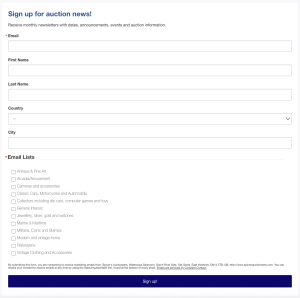 Screenshot of Spicer&rsquo;s Auctioneers&rsquo; Constant Contact email sign-up form, featuring fields for contact information and a list of auction categories subscribers can select for personalized updates.
