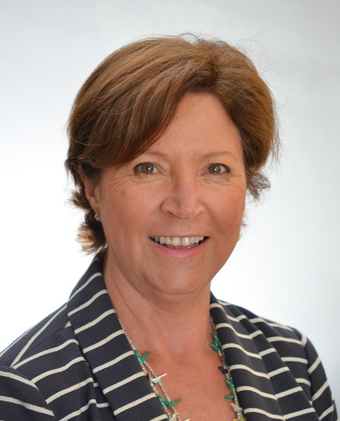 Headshot of Barbara Spicer, co-owner, smiling and wearing a navy striped blazer with a turquoise necklace.