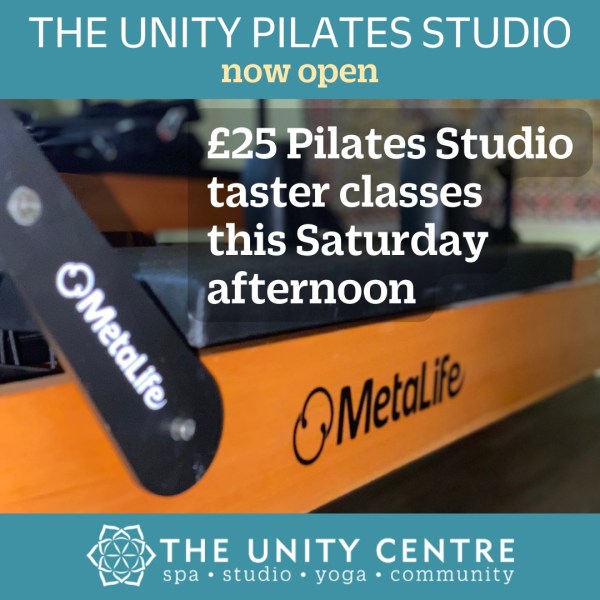 A graphic announcement for Unity Centre’s new Pilates studio listing reformer, trapeze table, ladder barrel, and step chair equipment.