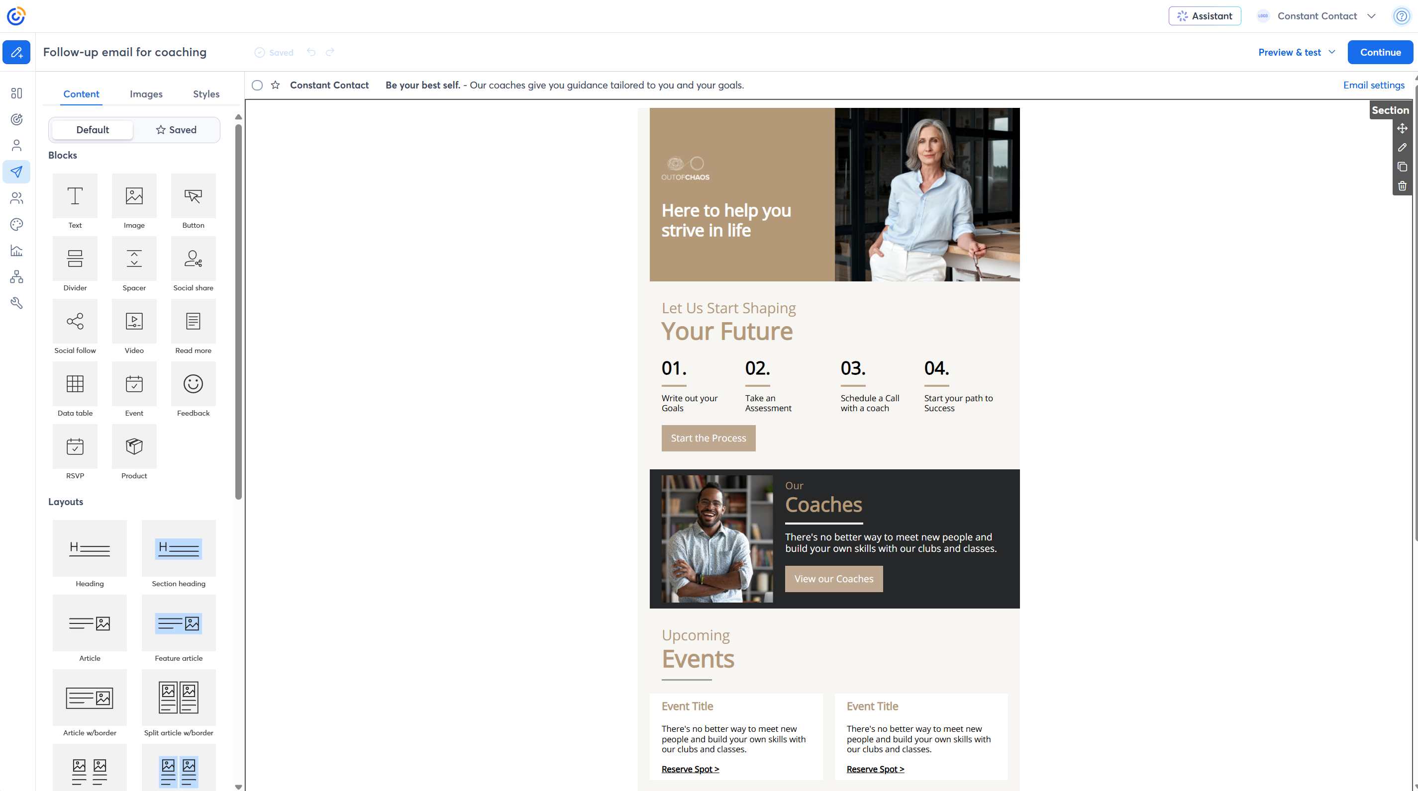Screenshot of the Constant Contact email editor interface displaying a coaching email draft titled "Follow-up email for coaching.