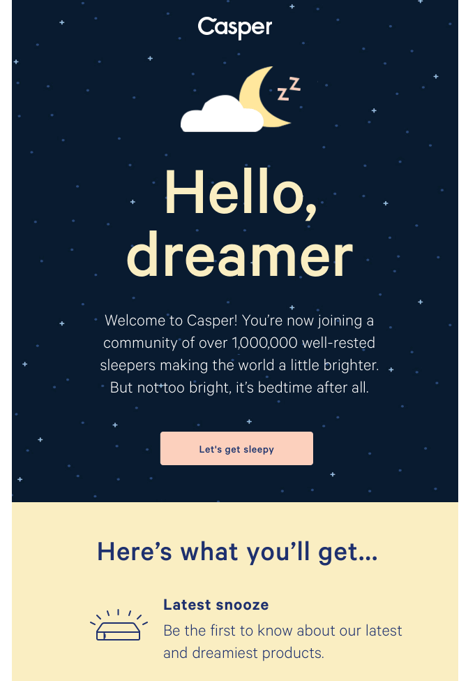 A welcome email from Casper featuring a dark starry night theme, the headline "Hello, dreamer," a call-to-action button reading "Let's get sleepy," and a yellow section previewing subscriber benefits.