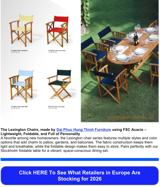 Screenshot of an email newsletter showcasing a wooden outdoor dining set with a “Visit Dai Phuc Hung Thinh Furniture Homepage” button, part of William Mai’s Furniture Intel Weekly email campaign.