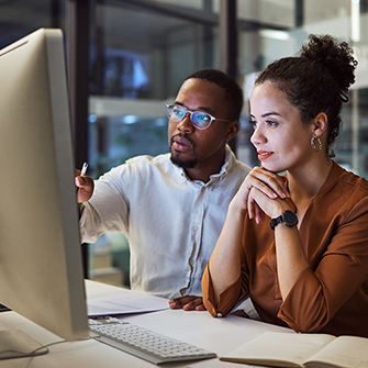 Two people sitting at a desk look into a computer monitor.