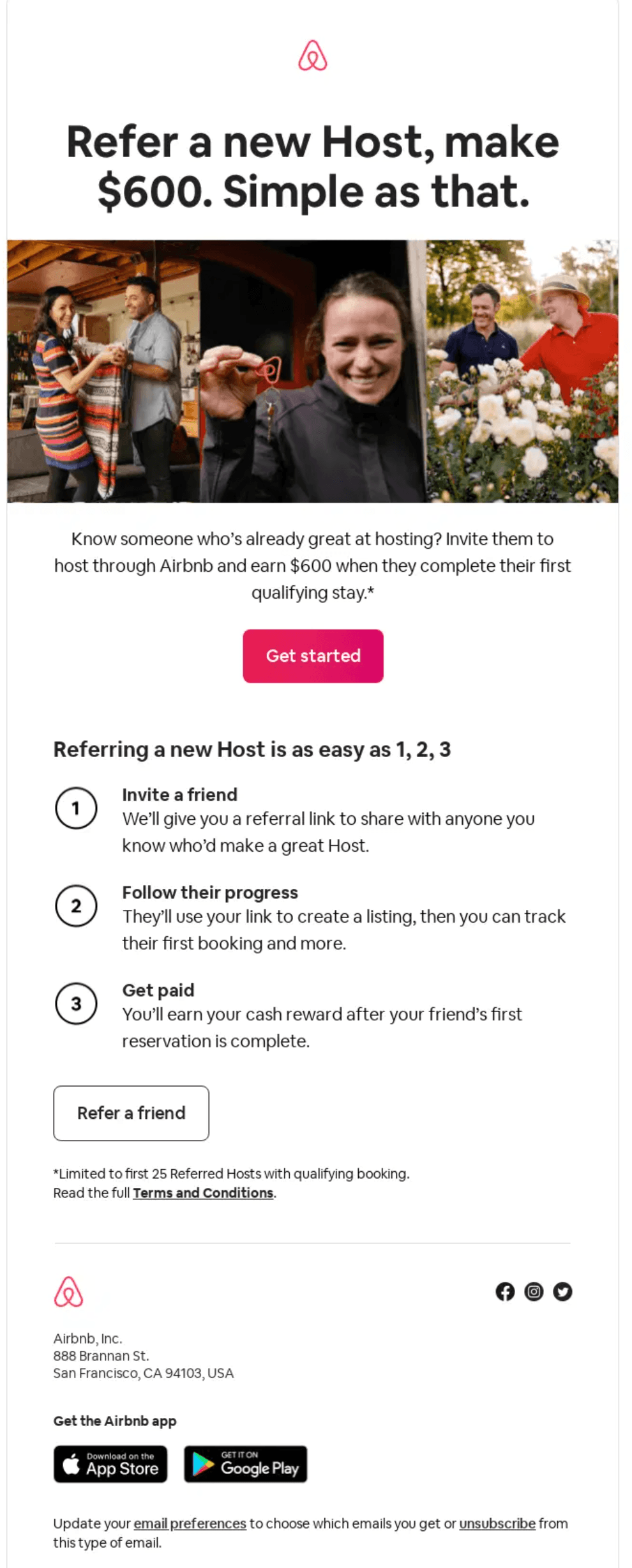 A screenshot of Airbnb's re-engagement email promoting their referral program with a $600 reward for inviting a new host