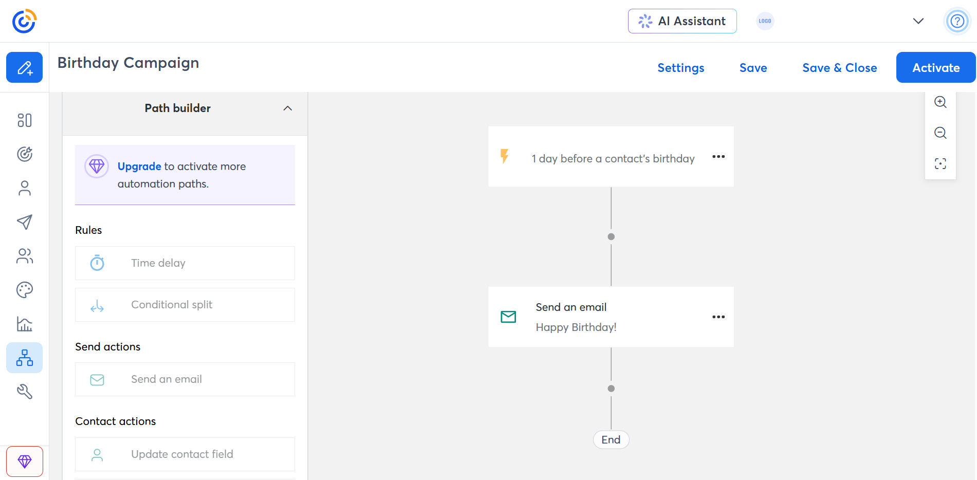 A screenshot of Constant Contact's automation builder with a pre-made birthday flow template along with actions and rules to customize it