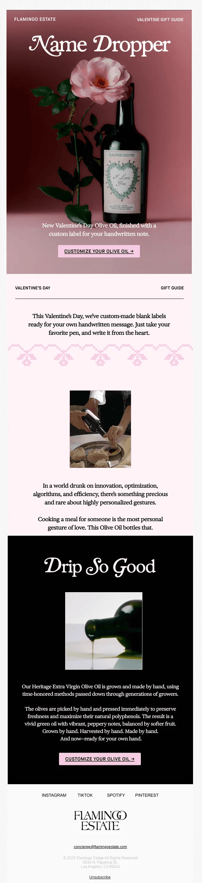 A screenshot of Flamingo Estate's Valentine's Day promotional email showcasing an olive oil bottle with CTAs to personalize the label as a special gift